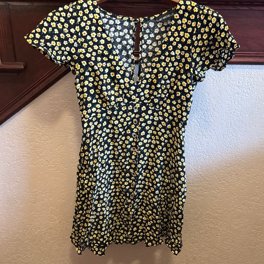 My Michelle Women’s XS Black V Neck Mini Dress with Yellow Floral Button Design